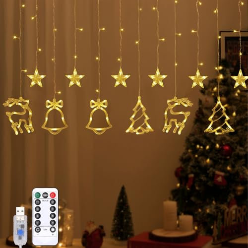 Lewondr 138 LED Weihnachtsvorhang Lichter, Rentier Glocke Weihnachtsbaum hängende Lichterkette mit 6H Timer & 8 Modi, USB betriebene Lichterketten, Weihnachtsdekoration für Haus Party, Warmes Licht