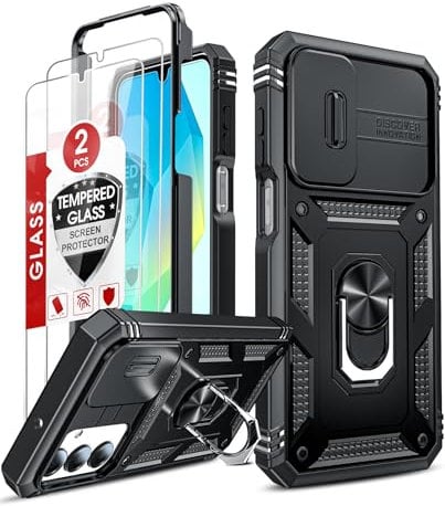 LeYi Coque pour Samsung Galaxy A16/A 16 4G/5G avec 2*Verre Trempé+Anneau Support,Full Protection de la Caméra en PC Dur Anti-Chut Renforcée Armor Heavy Duty Antichoc Bumper Housse Etui,Noir