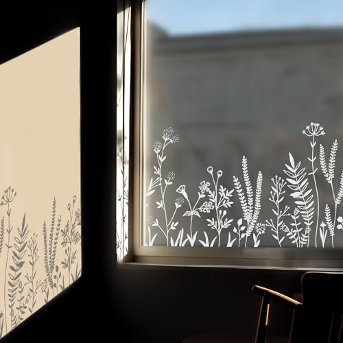 Funlife Transparent Fensterfolie, Blume Gras Adhäsionsfolie Fenster, Weiß Pflanze Statische Fensterfolie Fenstersticker für Wohnzimmer Schlafzimmer Küche, Wildblumen und Kräuter