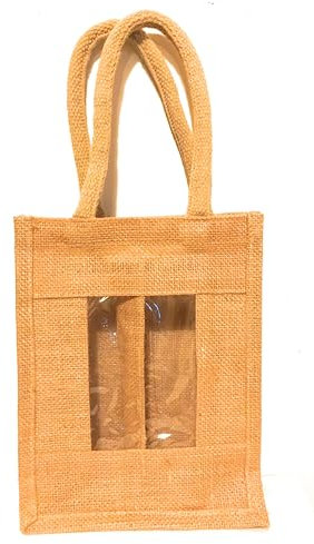 Bolsa de regalo de yute para 2 botellas, color natural, con ventana y 2 compartimentos