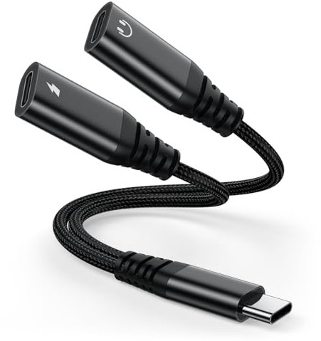 Dual USB C Headphone Jack Adapter, USB C Splitter, Dual Type C Audio+Charger Adapter with PD 60W Fast Charging Compatible with Samsung Galaxy, i-Pad, iPhone 15/16, and More TypeC Devices(Black)