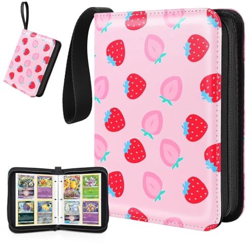 Card Binder 400 Pocket, 50 Sleeves Trading Card Holder, Card Binder Album with Cute Strawberry Patten for Cards, Card Collector, Photos, Trading Card Folder For Kids Girls, Pink