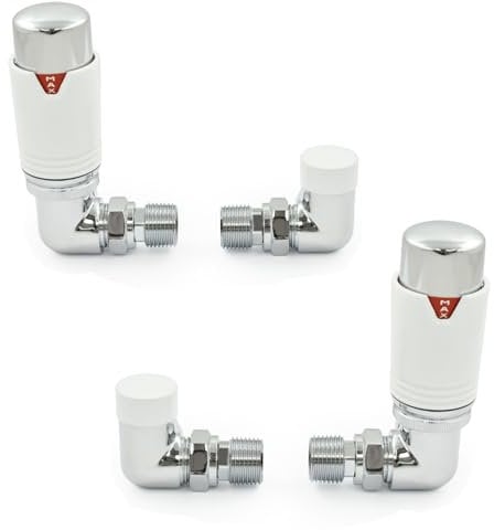 Thermostatic Radiator Valve Corner TRV – Style (Chrome & White x 2) - 2 Pairs