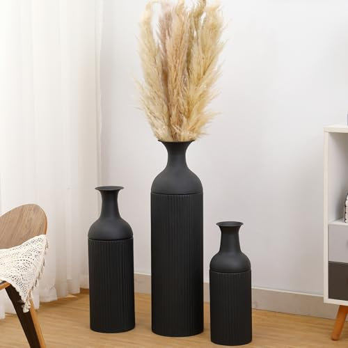 KAYLETIN Hohe Vasen für den Boden, große Bodenvasen 3er-Set, hohe Blumenvase, Schwarze Metallvase für Wohnzimmer, Eingangsbereich, Büro, Esszimmer, Schlafzimmer, Kamin, Wohnecke