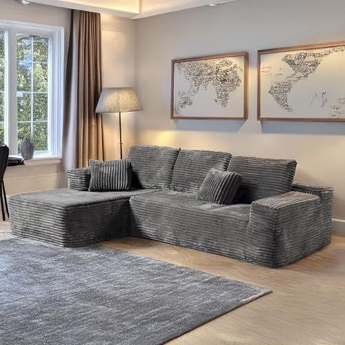 MN Furniture Corner Sofa L Shaped | No Assembly Required | Left & Right Hand Chaise Lounge | Jumbo Cord Fabric Couch | Living Room Sofa (Grey, Left Corner)