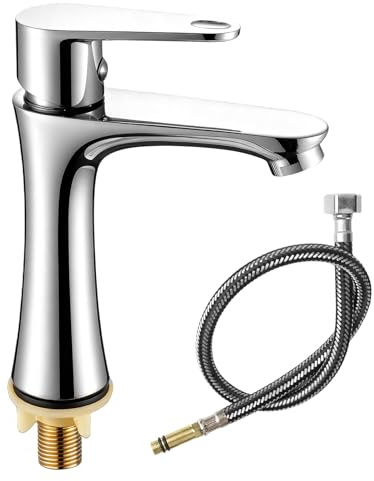 Kaltwasserhahn Edelstahl Kaltwasserarmatur mit 80cm Anschlussschlauch, Wasserhahn Kaltwasser Bad Waschtischarmatur Gäste WC Einhebelarmatur für Badezimmer Gäste WC