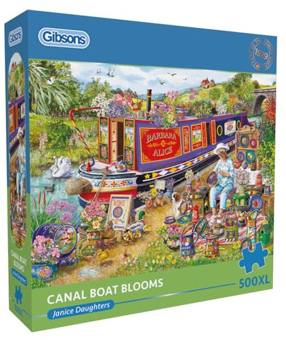 Gibsons Canal Boat Blooms 500XL Jigsaw Puzzle for Adults – Extra Large Pieces – River Scene Artist's Artwork by Janice Daughters – Sustainable Paper Packaging, Premium Quality Puzzle - Great Gift