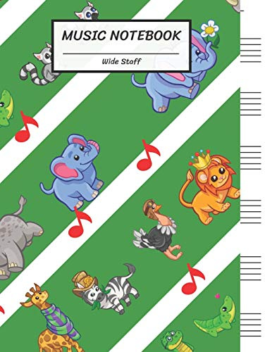 Music Notebook Wide Staff: Animals Rhino Hippopotamus Giraffe Zebra Ostrich Kangaroo Camel Crocodile Lion/Blank Music Sheet Notebook,Big Staff ... Pages,For Boys,Girls, Kids, Beginners.