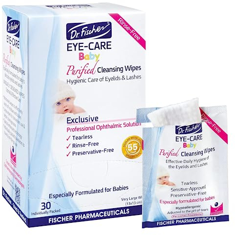 Purified, Non-irritating, Tear-Free, Hypoallergenic & Sensitive Approved Baby Eyelid Wipes by Dr. Fischer - Pre-moistened, Rinse Free and Paediatrician Recommended (30 Wipes)