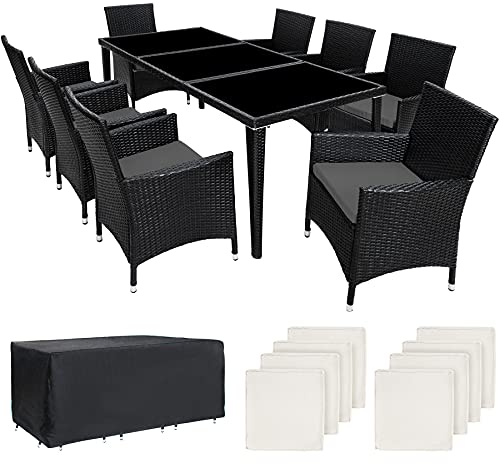 TecTake Conjunto muebles de jardín en aluminio y poly ratan 8+1 con set de fundas + Protección contra lluvia (Negro | No. 401161)