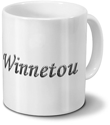 digital print Tasse mit Namen Winnetou - Motiv Chrom-Schriftzug - Namenstasse, Kaffeebecher, Mug, Becher, Kaffeetasse - Farbe Weiß