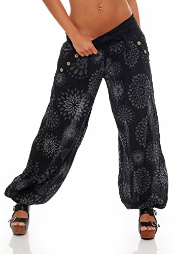Malito – Haremshose Damen mit Print – Unisize Pumphose aus Baumwolle – Leichte Stoffhose – Sommerhose für warme Tage – Dünne Aladinhose für Frauen 3481 (Schwarz)
