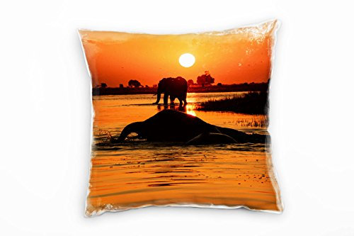Paul Sinus Art Tiere, badende Elefant, Sonnenuntergang, orange Deko Kissen 40x40cm für Couch Sofa Lounge Zierkissen - Dekoration zum Wohlfühlen