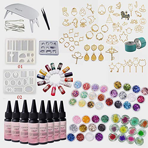 8 Kristallklare UV Harz Schmuck Machen Kit ungiftig mit Lampe Formen Lünetten Pigment Glitter Trockenblumen für DIY Handwerk Anhänger Halsketten Ringe Armbänder Ohrringe Schlüsselanhänger Broschen
