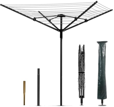 Nisorpa Rotary Outdoor Umbrella Drying Rack Adjustable Height Clothesline w/Waterproof Protective Cover Folding Rotary Dryer with 4-Aluminum Arms and Steel Post 12-Lines with 165 ft Clothesline