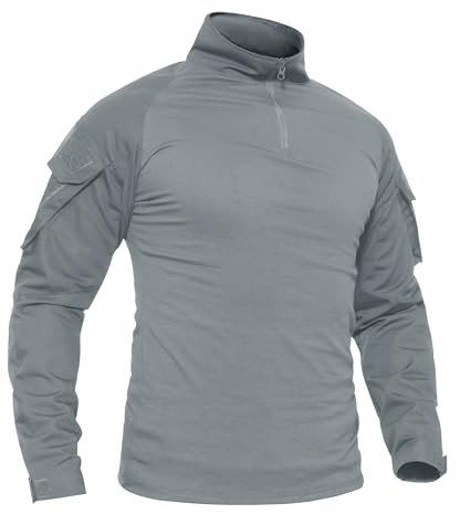 TACVASEN Tactical Tops Men Long Sleeve Military Tee Shirt 1/4 Zip Combat Shirts Long Sleeve Army Work T-Shirt Light Grey,XXL