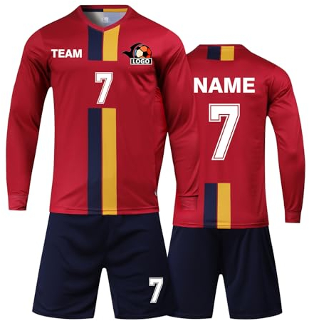 Benutzerdefiniert Fussball Trikot Kinder Set und Erwachsene Set Personifizieren Name Nummer Mannschaft Fussball Trikots Herren und Frauen (Langes Rot)