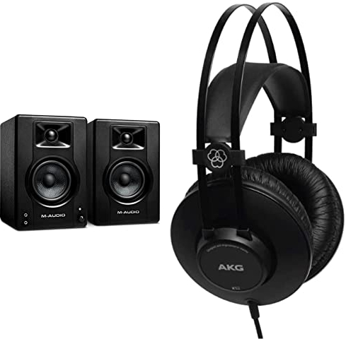 M-Audio BX3 Casse attive amplificate da 120 W da scrivania Monitor da studio per gaming, produzione musicale, streaming e podcast (coppia) & AKG K52 Closed Back Cuffie, Nero