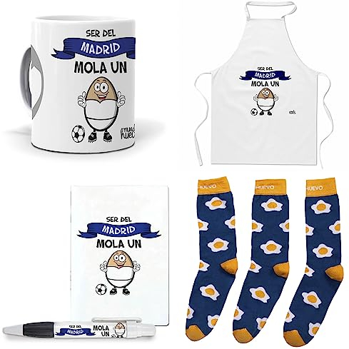 mundohuevo Que Regalar aficion Madrid. Ser del Madrid Mola un Huevo. Taza,Delantal, libreta, boli y Trio de Calcetines