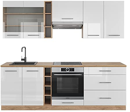 Vicco Küchenzeile Fame-Line, Weiß Hochglanz/Goldkraft Eiche, 235 cm ohne Arbeitsplatte