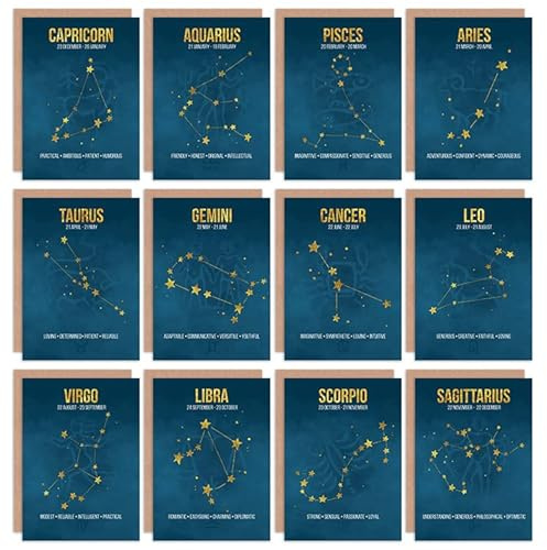 Wee Blue Coo Zodiac Birthday Cards Astrology Star Signs Constellation Blank Blue Greeting Cards With Envelopes Pack of 12