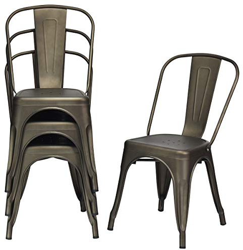 COSTWAY Set of 4 Stackable Dining Chairs, Metal Stacking Side Chairs with Backrest & Rubber Feet, Industrial Tolix Chairs for Kitchen Dining Room Bar Bistro Cafe (Gun, Hollowed Iron Seat)