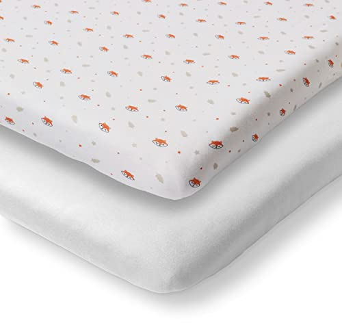 Koru Kids® Fuchs Spannbettlaken 60x120 Baby – 2er Pack – Füchse + weiß – Premium Bettlaken – weiches Jersey – 100% Baumwolle – bei 60° waschbar – Baby Bettwäsche – Made in Belgium