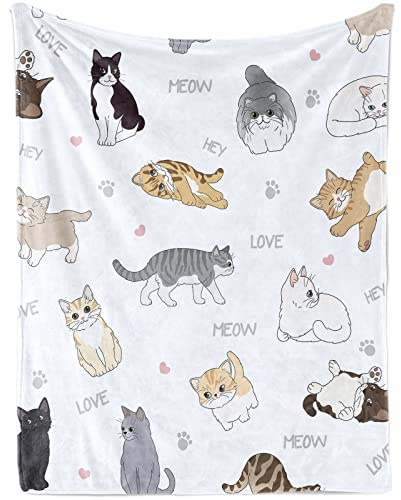 Cat Gift Blanket for Cat Lovers, Cute Cartoon Soft Plush Flannel Blanket with Cats On It for Kids Girls, Cozy Warm Lovely Kitten Print Fluffy Throw Blanket for Baby Toddler Crib Couch, 100 x 130 cm