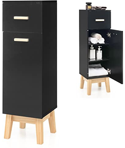 GIANTEX Badezimmerschrank Midischrank Holz, Badezimmer Kommode Badschrank Badkommode 1 Schublade & 2 verstellbaren Einlegeböden, Bodenschrank Toilettenschrank freistehender Nachtschrank (Schwarz)