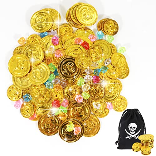 Bomtop 150 Stück Piraten Goldmünzen, Piraten Schmucksteine Set (50 Stü Pirat Münzen + 100 Stü Piraten Edelsteine), Piratenschatz für Piratenschatz,Piratenparty Mitgebsel,Schatzsuche Kindergeburtstag