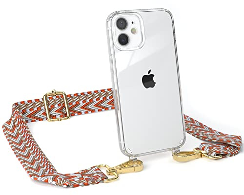 EAZY CASE Handykette - Verstellbares Taschenband kompatibel mit iPhone 12 Mini, Schulterriemen, Handykordel mit Silikon Hülle, Umhängetasche, Blau Rot Gold