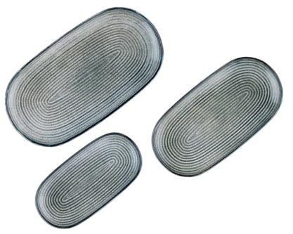 Björn, Collection Zen, Lot de 3 Plateaux de Service Ovales de 23,5cm x 12cm et 29cm x 15cm et 34cm x 18cm en Grès avec Email Réactif, Plats Gris Bleuté - Compatible Micro-ondes et Lave-vaisselle