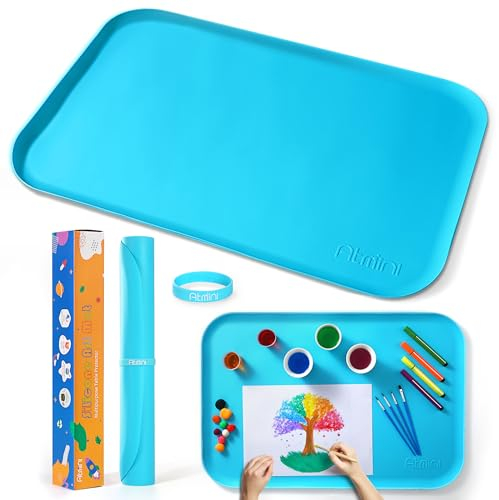AtMini Tappetino in silicone grande, 60 x 40 cm, per lavori di artigianato, sabbia, pittura, resina, gioielli fatti a mano, disegno, multiuso con bordi rialzati per mantenere la pulizia (blu)