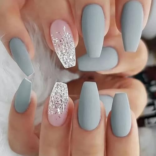 24 Pièces Faux Ongles Cercueil Moyen Français Ongles à Coller Gris Bleu Givré Acrylique Capsules Ongles Ballerine Artificiel Naturel Press on Nails pour Femmes et Filles DIY Manucure Salon