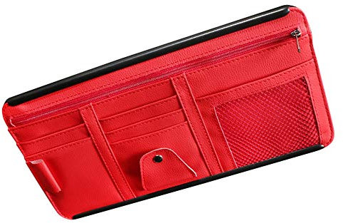 Knadgbft Car Sun Visor Organizer Storage Holder Visor Clip Sunglasses Holder Card Ticket Storage Bag Pouch Car Organizer Red
