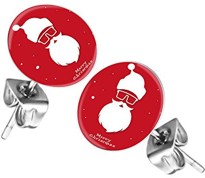 Taffstyle Damen Herren Stecker Rund Klein Ohrstecker Ohrringe Schmuck Runde Platte Silber mit Winter Weihnachts Motiv Weihnachtsmann mit Mütze Schneeflocken Rot Weiß