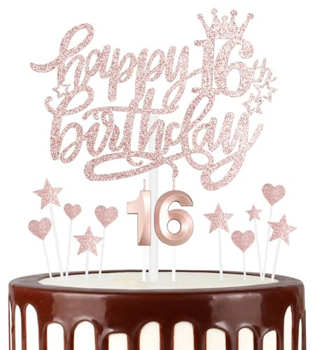 mciskin Girls 16th Happy Birthday Candles Cake Toppers, Number 16 Candle for Cake, Rose Gold Candles for Women Birthday Decorations, Heart Star Cake Toppers for 16th Birthday Party Wedding Anniversary