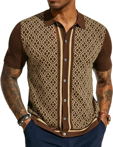 PJ PAUL JONES Men's Knitted Polo Shirt Button Down Knitwear Contrast Knitted Polo Shirts for Summer Coffee
