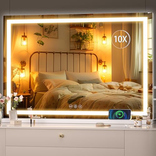 Hasipu Eitelkeitsspiegel mit Beleuchtung, 95 x 65cm LED Schminkspiegel, Beleuchteter Schminkspiegel mit dimmbaren 3 Modi, Touchscreen Steuerung Kosmetikspiegel Quadratisch Weiß