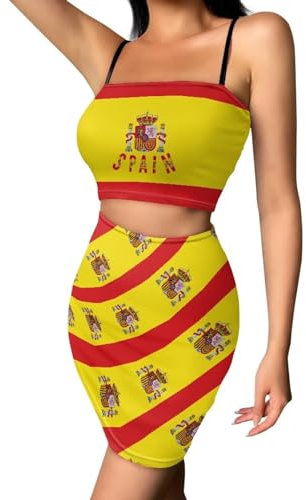 Suhoaziia Vestido corto fruncido para mujer, falda entallada de 2 piezas, vestido sexy para club, ajuste entallado, Bandera de España, 3XL