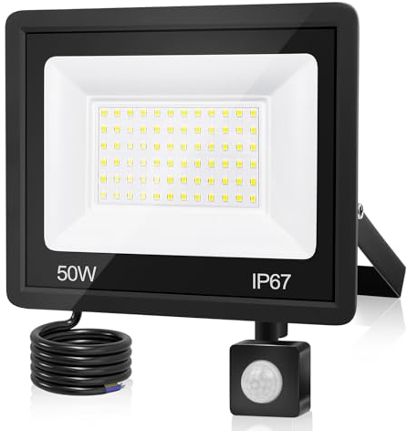 VRFMALIY Projecteur LED Extérieur 50W Avec Détecteur de Mouvement - 5000LM, 7000K, IP67 Étanche - Éclairage Pour Jardin, Garage, Entrée