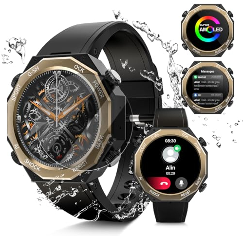 Rogbid Stahl Gear Smartwatch Herren mit Telefonfunktion 1.45 AMOLED Großes Display Militär Smartwatch Herzfrequenzmonitor Schlafmonitor Schrittzähler IP68 Wasserdicht Outdoor Uhren für iOS Android