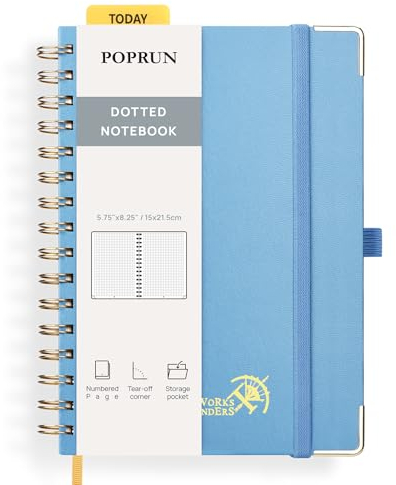 POPRUN Notizbuch A5 Gepunktetes, Bullet Dotted Journal, Spiral-Notizbücher 120 GSM Papier, 141 nummerierte Seiten, Hardcover mit Kleberegisterkarten und 8 Abreißblättern - HB(Schwarz)