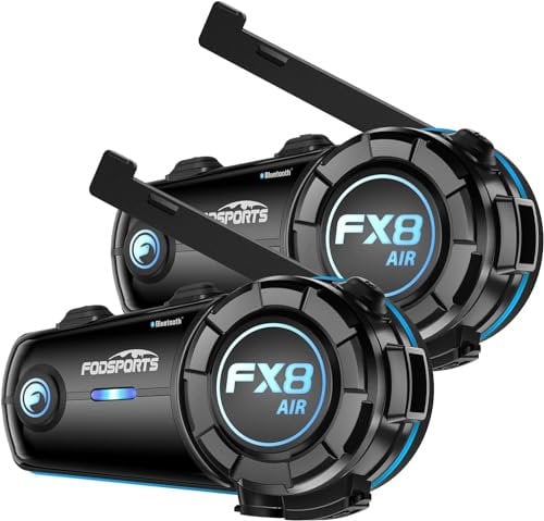 Fodsports FX8 AIR Motorrad Headset, Bluetooth Motorradhelm Headset für 6 Motorräder mit Reichweite von 1500m, Intercom Motorrad mit Antenna, Musik Teilen, FM Radio, 3 Soundeffekte, 900mAh, 2 Paket