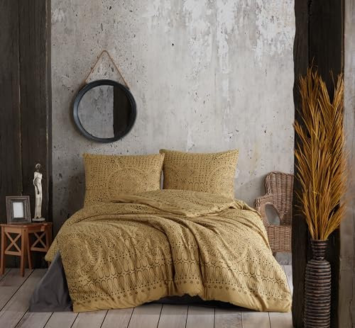 ZIRVEHOME Bettwäsche-Set 155x220 cm, 2-teilig, Baumwolle Renforcé, geometrisches Design, Bettbezug Senffarben mit Schwarz Mandala Gemustert, inkl. Kissenbezug 80x80 cm, Merit