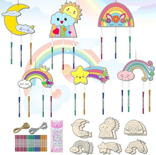 lriattp Windspiel Bastelset Kinder, 12 Stück Regenbogen Holz Klangspiel Basteln zum Bemalen Doppelseitig Deko zum Bemalen für Mädchen Junge Kindergeburtstag Weihnachten Frühling