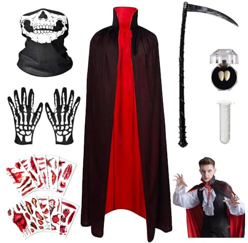 Capa de Vampiro de Halloween, Disfraz de Diablo, Disfraces de Halloween, Capa para Adultos con Hoz de la Muerte, Guantes de Esqueleto, Pegatinas Cicatriciales (C)
