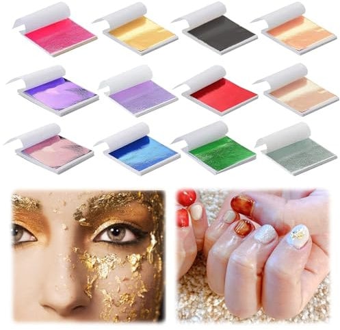 Silver Leaf Sheets Gold Leaf Sheets, 240 Sheets Gold Leaf Adhesive Gold Foil 12 Colors 9.5 x 8.5cm Multipurpose Coloured Foil Sheets for Craft Art Picture Frames DIY Nails Multi Artistic Decoration