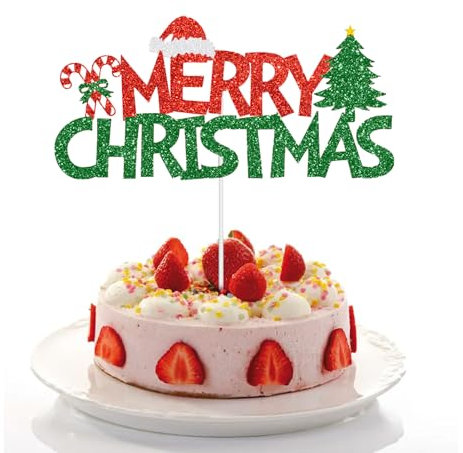 Tortendeko Weihnachten, Weihnachten Cake Topper Merry Christmas Kuchen Deko Glitzer Rot Grün Tortendeko Candy Cane Weihnachtsbaum Cake Topper Weihnachts Party Zubehör (18 * 16cm)