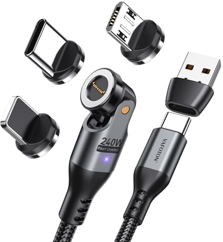 VAFOTON 1.8m 240W Magnetic USB C Charging Cable, 360° & 180° Rotation 9Pin, Fast Charging, Compatible with iPhone15, Samsung Galaxy, MacBook, iPad